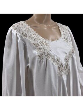 Christian Dior White Long-Sleeve Nightgown With Lace Details & Button Accent